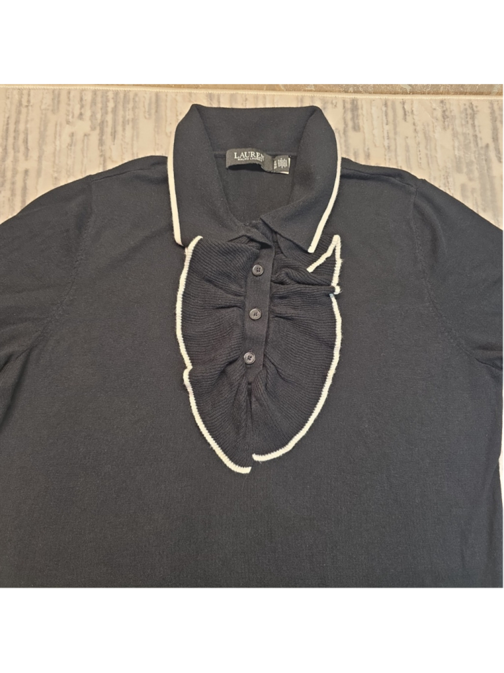 Lauren Ralph Lauren Black Label Ruffle Trim Polo Sweater In Black Women's Sz 1X - Picture 3 of 10